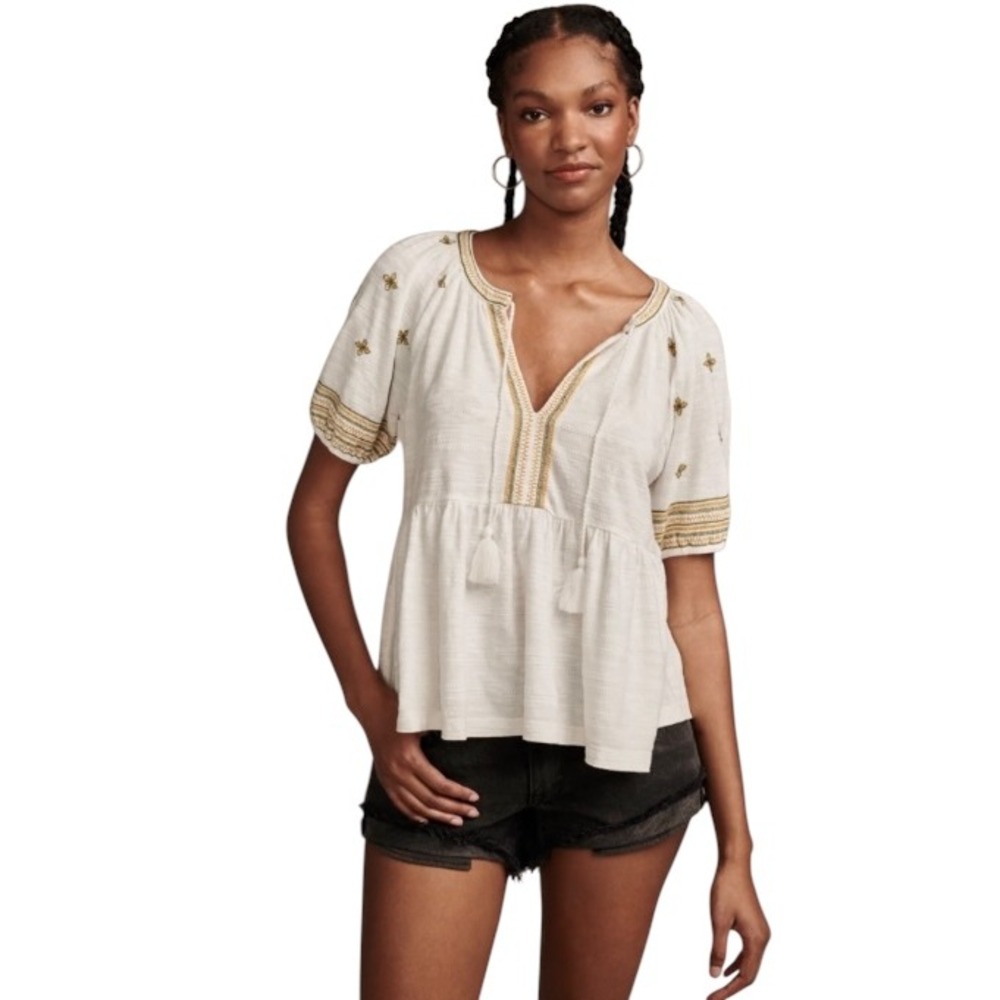 Lucky Brand Womens 2X White Embroidered Peasant Babydoll Top Short Sleeve EUC‎